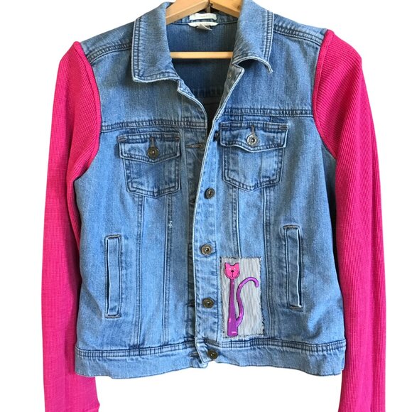 Upcycled Jean Jacket, Size Small: Patchwork Cat Graphics, Waffle Knit Sleeves - Picture 3 of 12